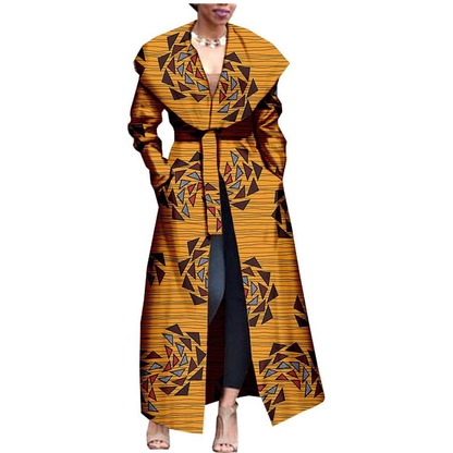 African Print Coat Ankara Long Sleeve Jacket Maxi Coat with Belt