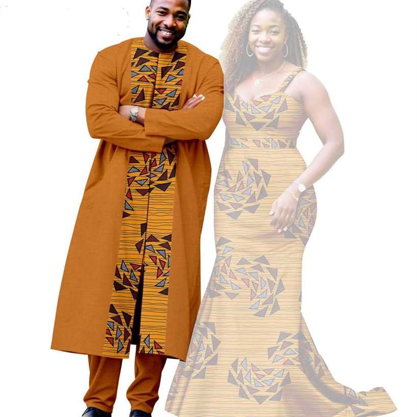 African Print Long Mermaid Dresses Match Men Outfits Sets