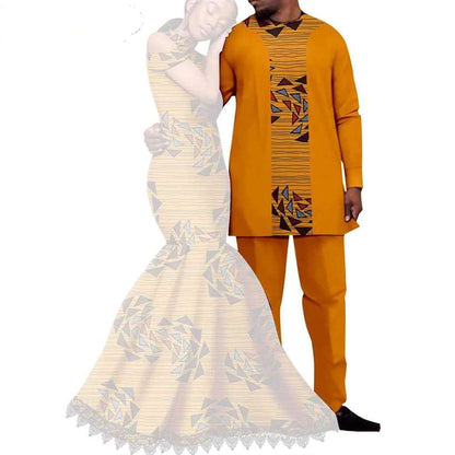 Ankara Print Lace Long Mermaid Dresses Match Men Outfits