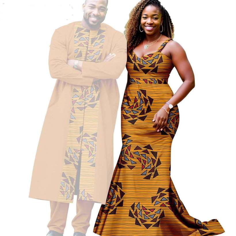 African Print Long Mermaid Dresses Match Men Outfits Sets