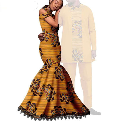 Ankara Print Lace Long Mermaid Dresses Match Men Outfits