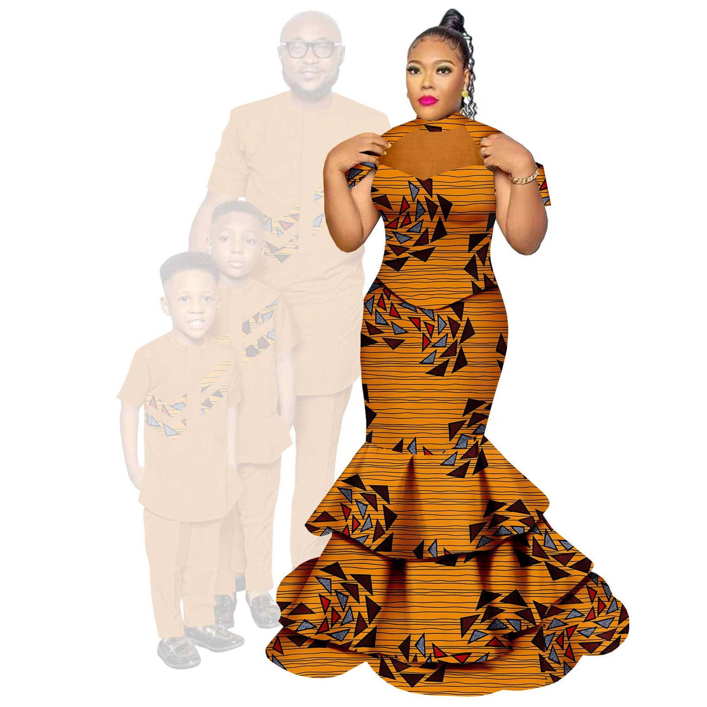 African Family Clothes Women Mermaid Dresses Men and Kids Sets