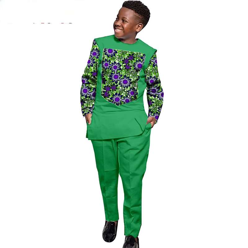 Boys Outfits Print Patchwork Long Sleeve Top and Pants Ankara Suits