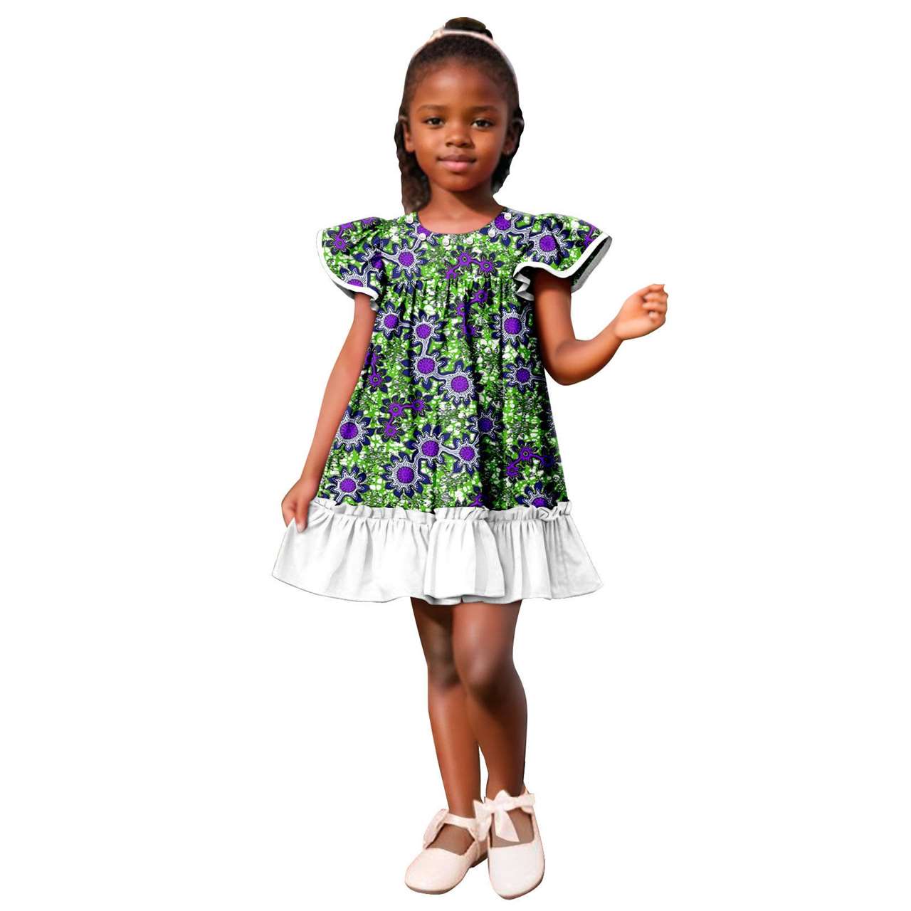 Girls Ankara Print A-line Dresses Ruffle Puff Sleeve Dress KID078