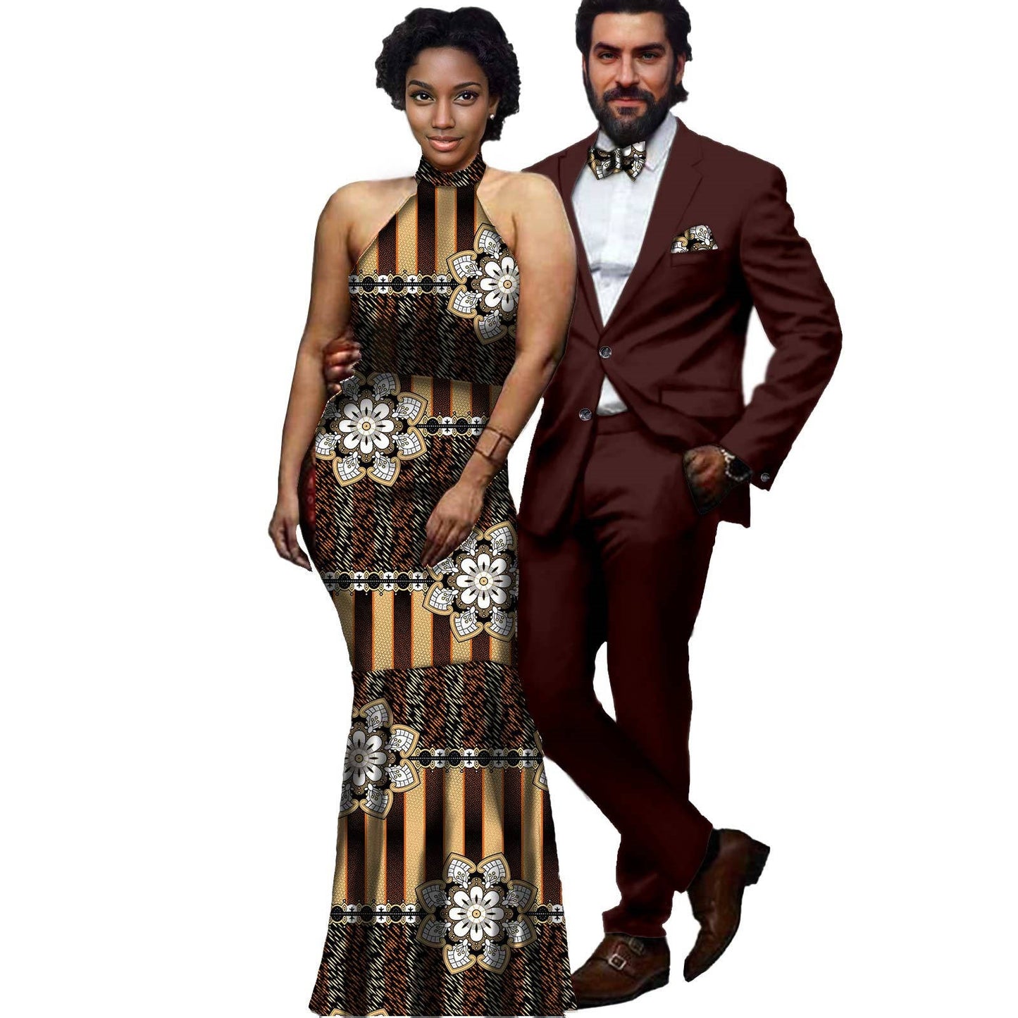 African Print Long Dresses Match Men Jackets and Pants Sets CC079