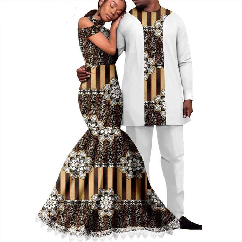 Ankara Print Lace Long Mermaid Dresses Match Men Outfits