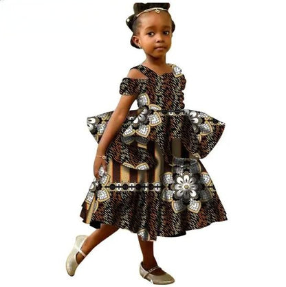 Girls African Clothes Ankara Print Double Layer Ruffles Dresses