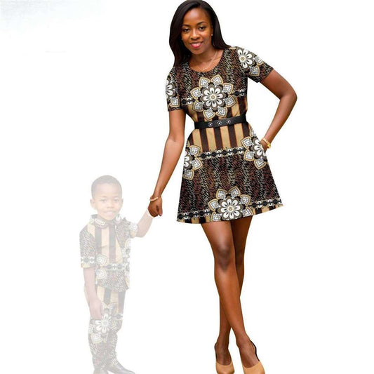 Women Print Dresses with PU Belt Matching Boy Ankara Sets FM006-2