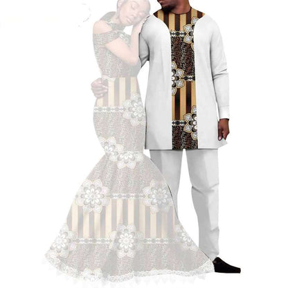 Ankara Print Lace Long Mermaid Dresses Match Men Outfits