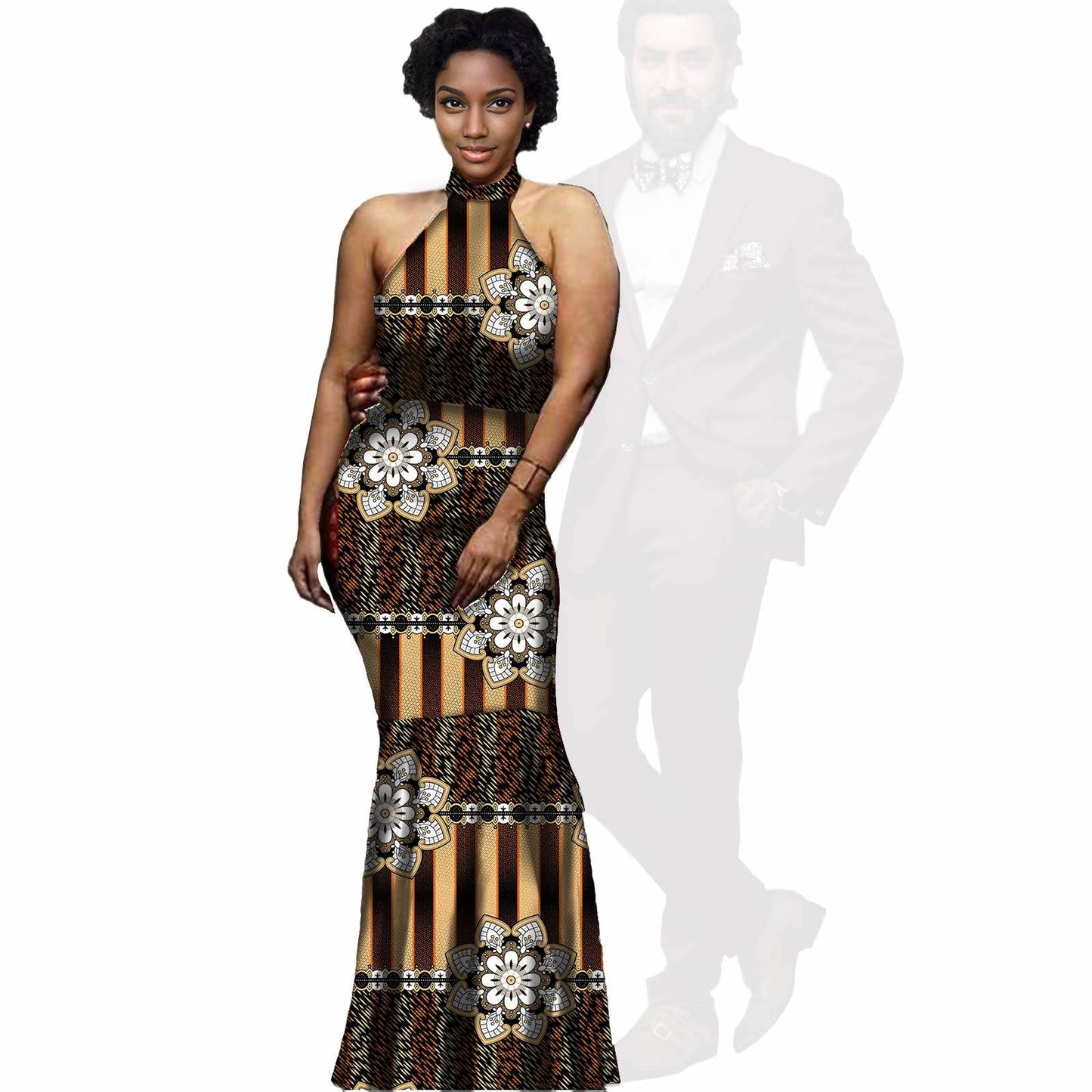 African Print Long Dresses Match Men Jackets and Pants Sets CC079