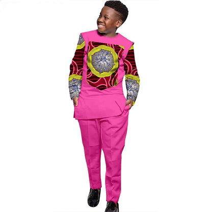 Boys Outfits Print Patchwork Long Sleeve Top and Pants Ankara Suits