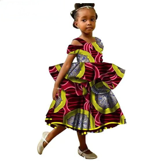 Girls African Clothes Ankara Print Double Layer Ruffles Dresses