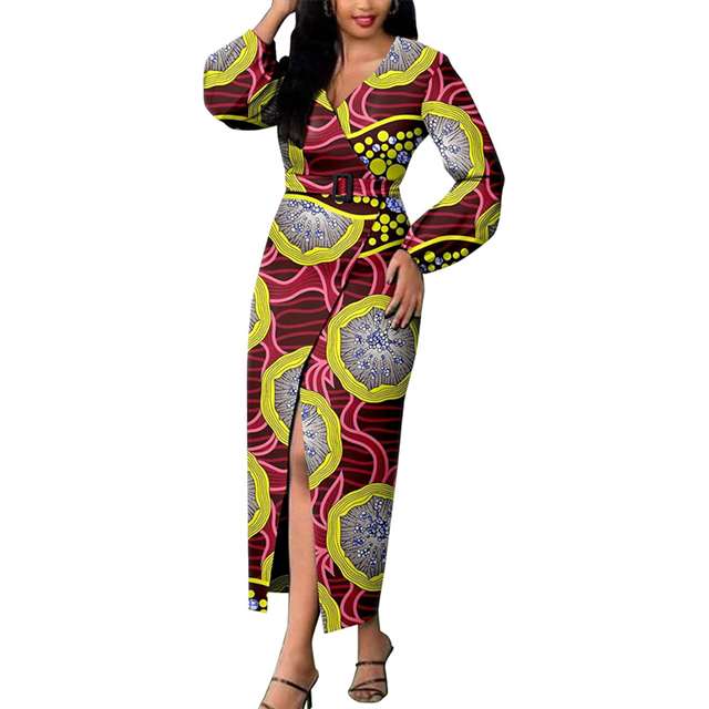 Women African Dresses Print Long Sleeve V-Neck Dress with Belt