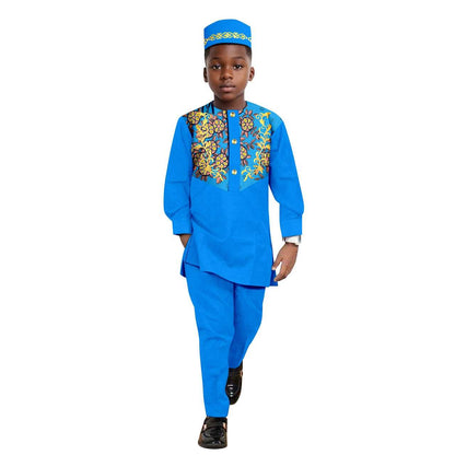 African Clothes for Boys Outfits Print Appliques Shirt and Pant Sets