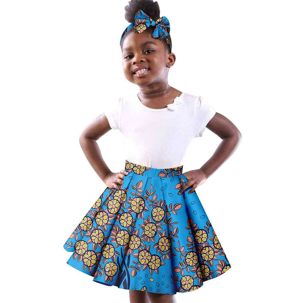 Girls White Top Tee and Print Skirts Sets Matching Bow tie Head wrap