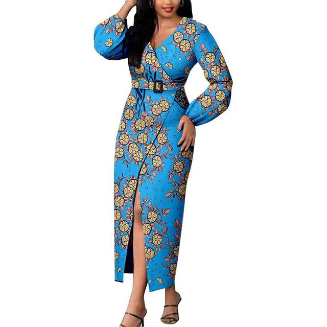 Women African Dresses Print Long Sleeve V-Neck Dress with Belt