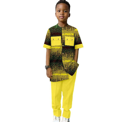 Dashiki Boys Outfits Casual Print Button Top Shirt and Pant Sets