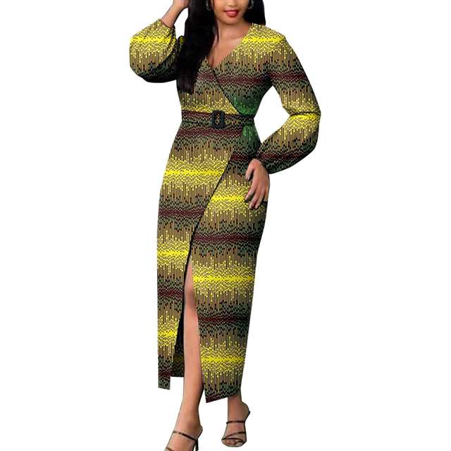 Women African Dresses Print Long Sleeve V-Neck Dress with Belt