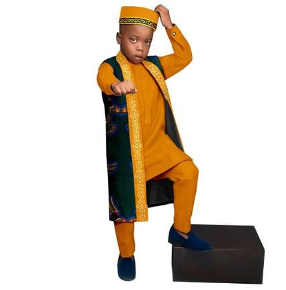 Kids African Clothes Print Top and Pant Sets Match Cap