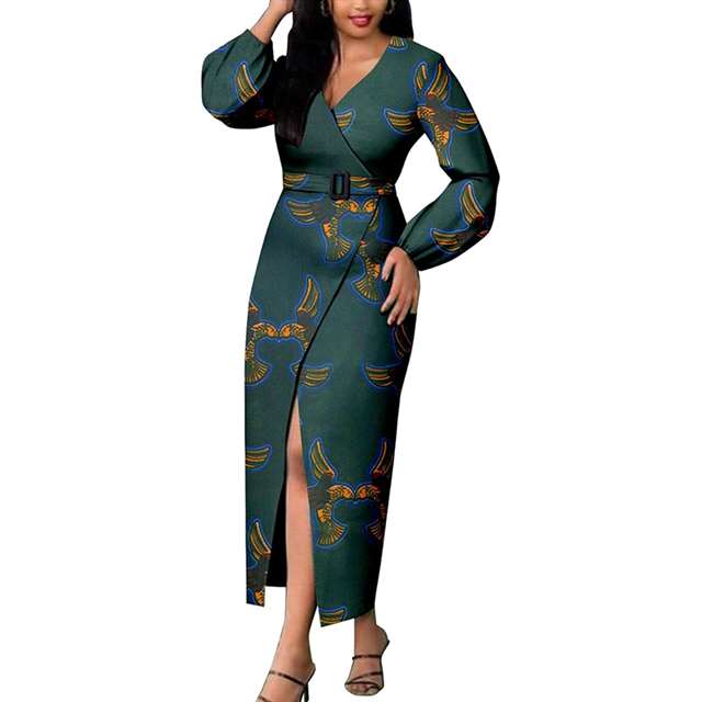 Women African Dresses Print Long Sleeve V-Neck Dress with Belt