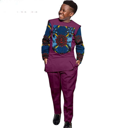 Boys Outfits Print Patchwork Long Sleeve Top and Pants Ankara Suits