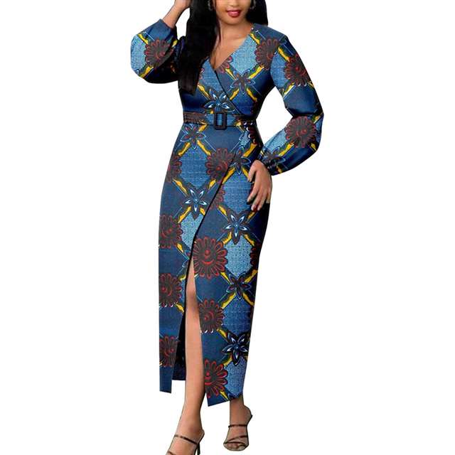 Women African Dresses Print Long Sleeve V-Neck Dress with Belt