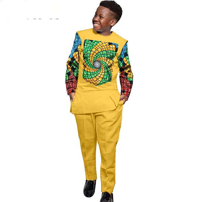 Boys Outfits Print Patchwork Long Sleeve Top and Pants Ankara Suits