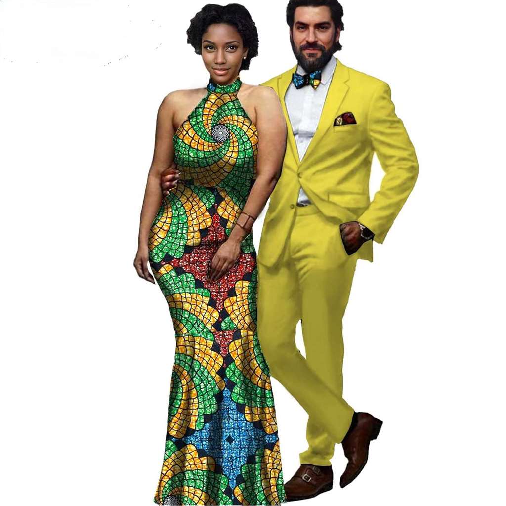 African Print Long Dresses Match Men Jackets and Pants Sets CC079