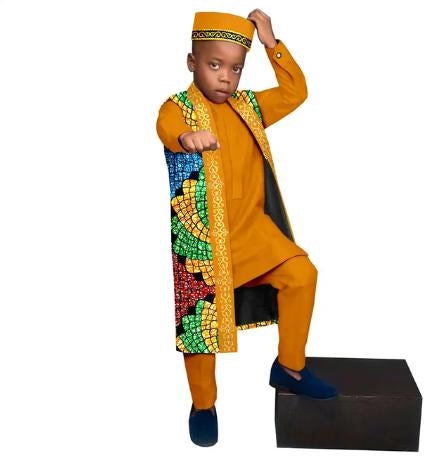 Kids African Clothes Print Top and Pant Sets Match Cap