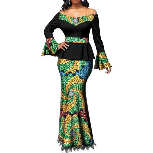 African Clothes Print Strapless Top and Lace Skirts Outfits