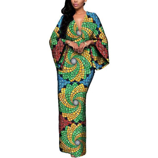 Women African Dresses V-Neck Maxi Dress Ankara Print Party Attire