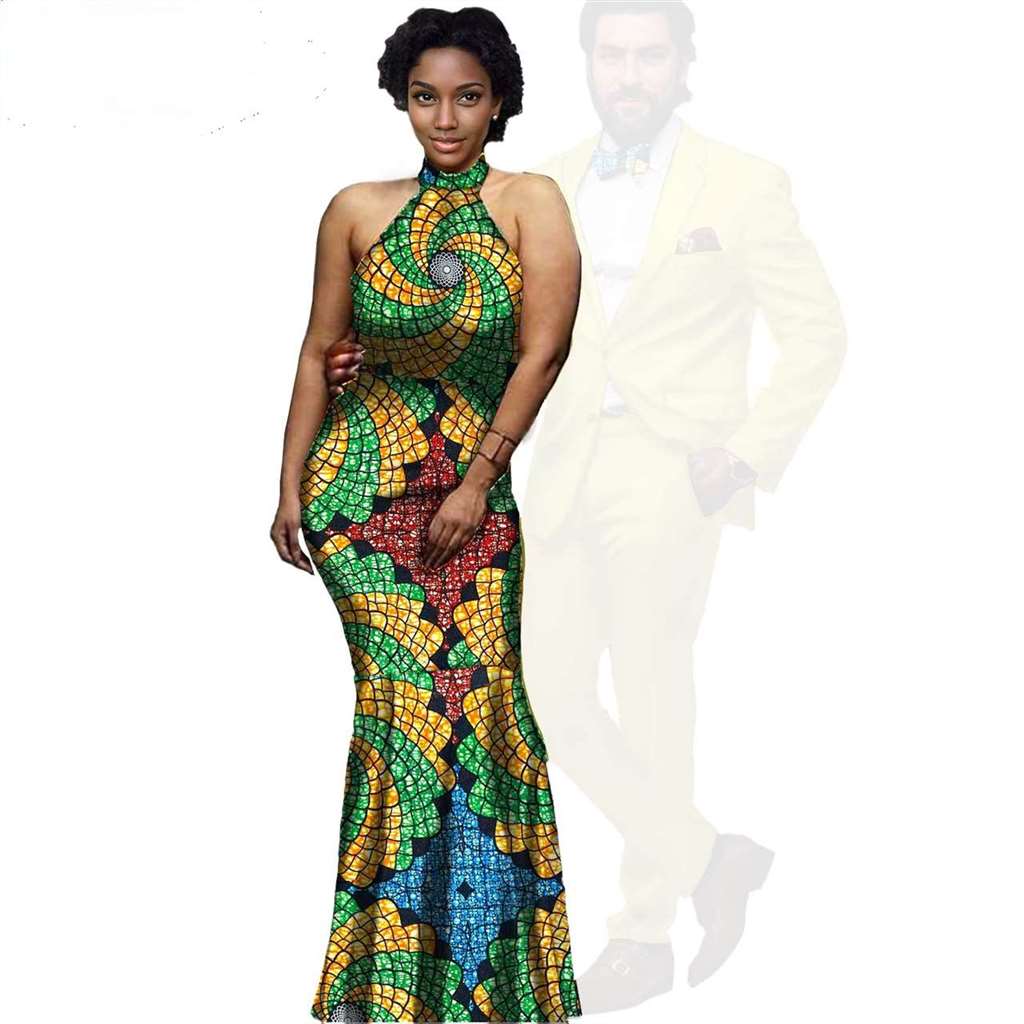 African Print Long Dresses Match Men Jackets and Pants Sets CC079