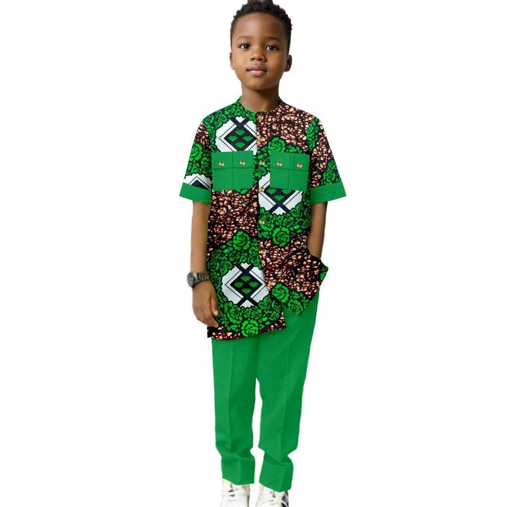 Dashiki Boys Outfits Casual Print Button Top Shirt and Pant Sets