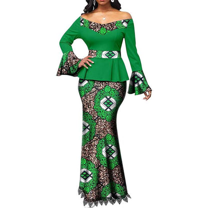 African Clothes Print Strapless Top and Lace Skirts Outfits