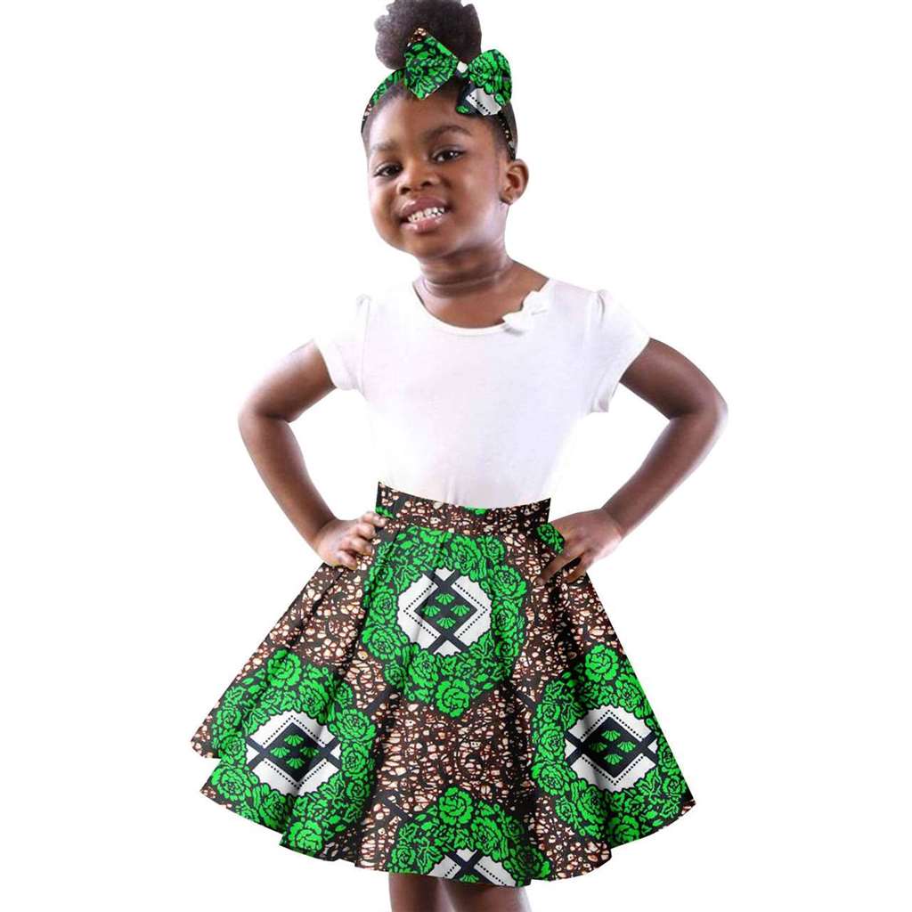 Girls White Top Tee and Print Skirts Sets Matching Bow tie Head wrap