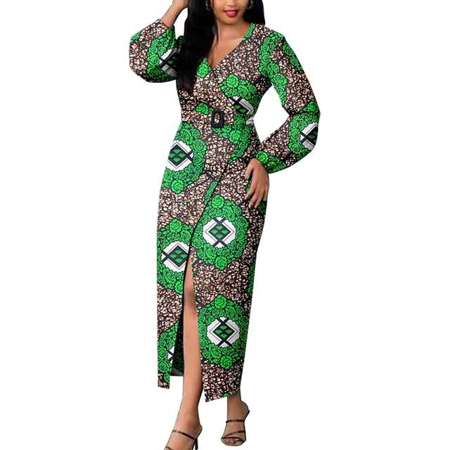 Women African Dresses Print Long Sleeve V-Neck Dress with Belt