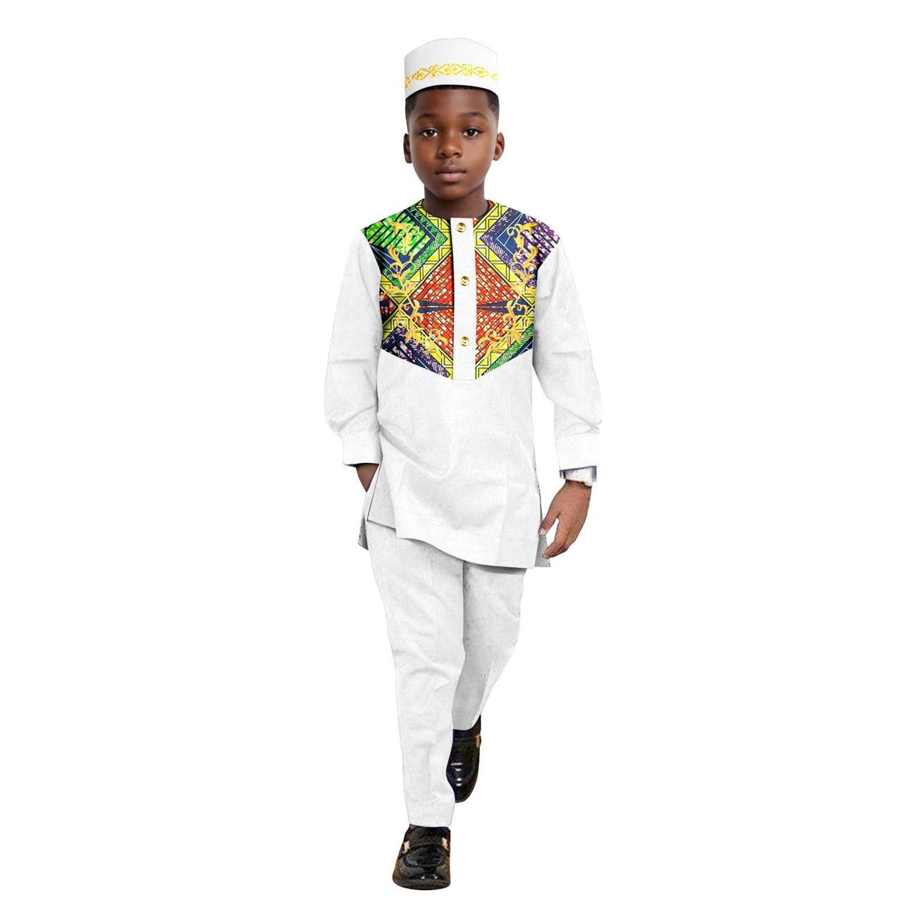 African Clothes for Boys Outfits Print Appliques Shirt and Pant Sets