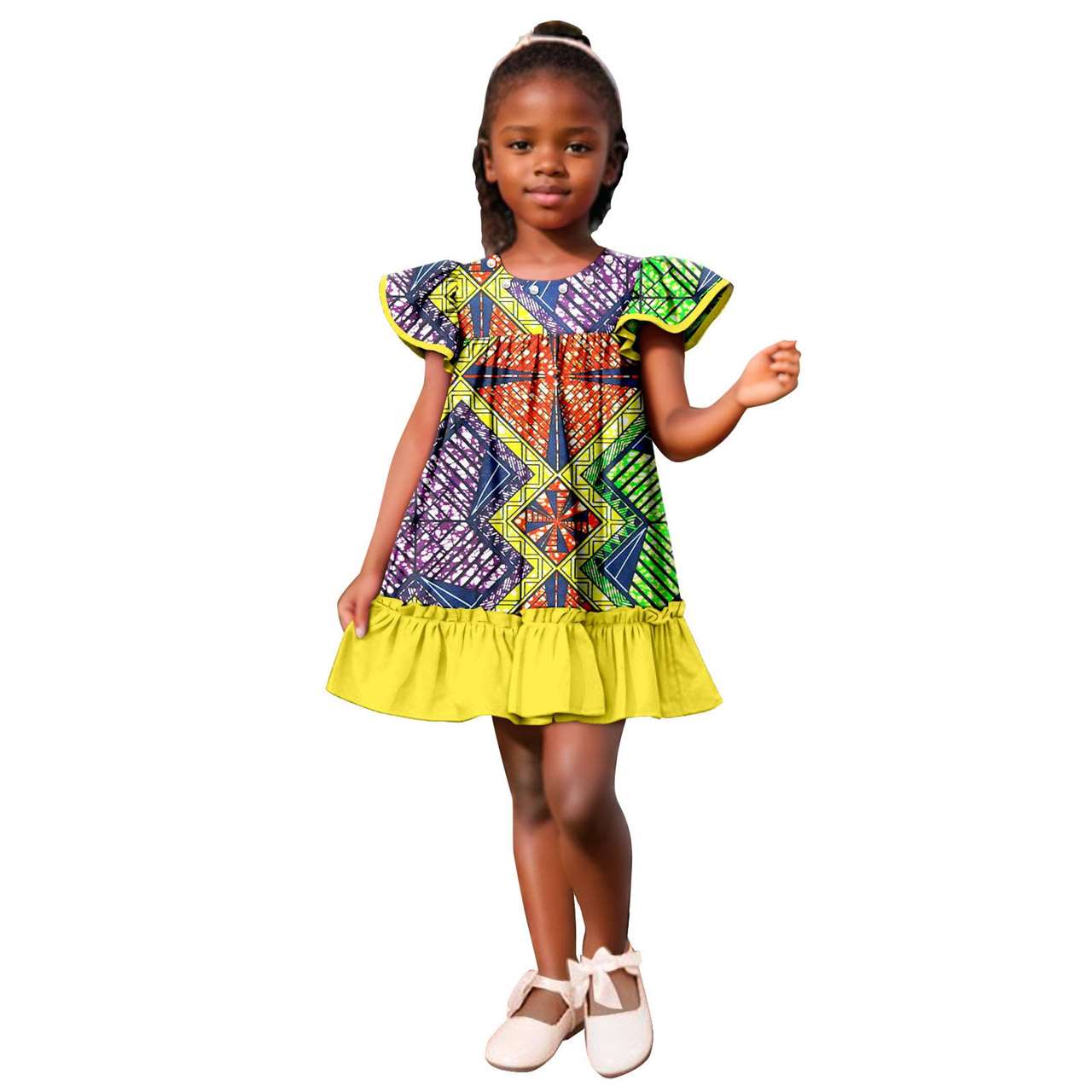 Girls Ankara Print A-line Dresses Ruffle Puff Sleeve Dress KID078