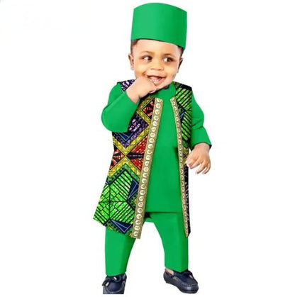 African Clothes Outfits Print Vest Tee Pant Cap for Kids