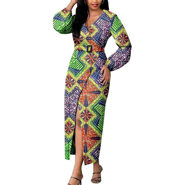 Women African Dresses Print Long Sleeve V-Neck Dress with Belt