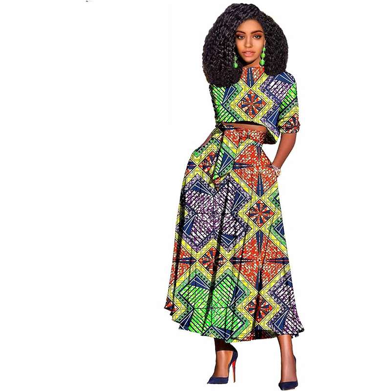 Women African Clothes Print Crop Top and Long Skirts Attire FMS008