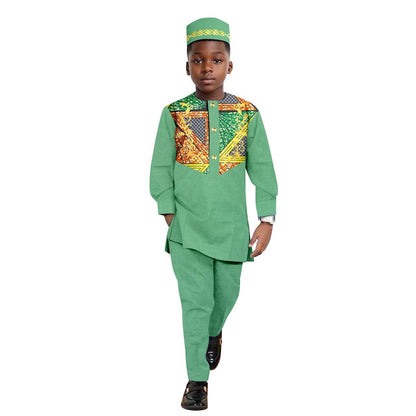 African Clothes for Boys Outfits Print Appliques Shirt and Pant Sets