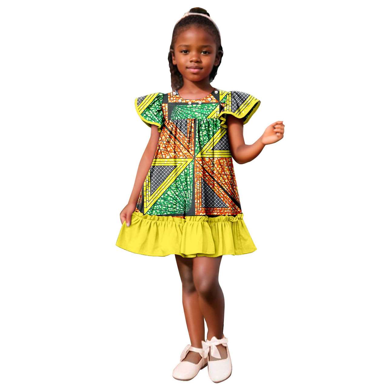 Girls Ankara Print A-line Dresses Ruffle Puff Sleeve Dress KID078