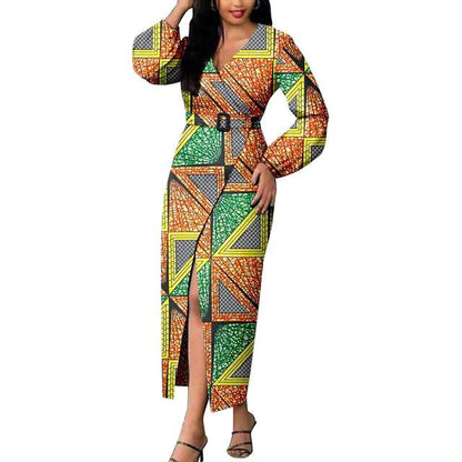 Women African Dresses Print Long Sleeve V-Neck Dress with Belt