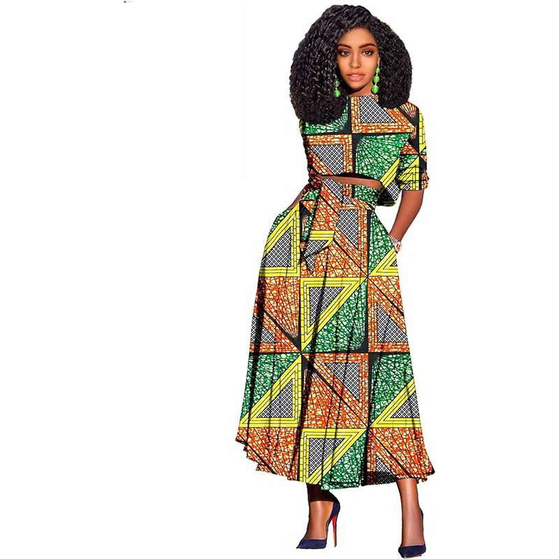 Women African Clothes Print Crop Top and Long Skirts Attire FMS008