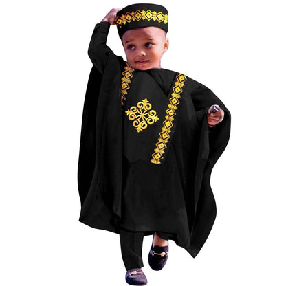 Dashiki Outfits Embroidery Robe Top and Pants Matching Hat Sets