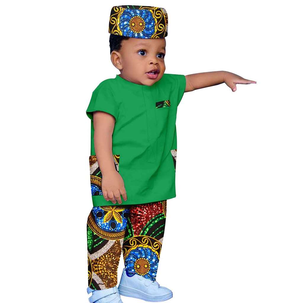 Boy Outfit Print Short Sleeve Top and Pant Hat 3 Pieces Muslim Sets