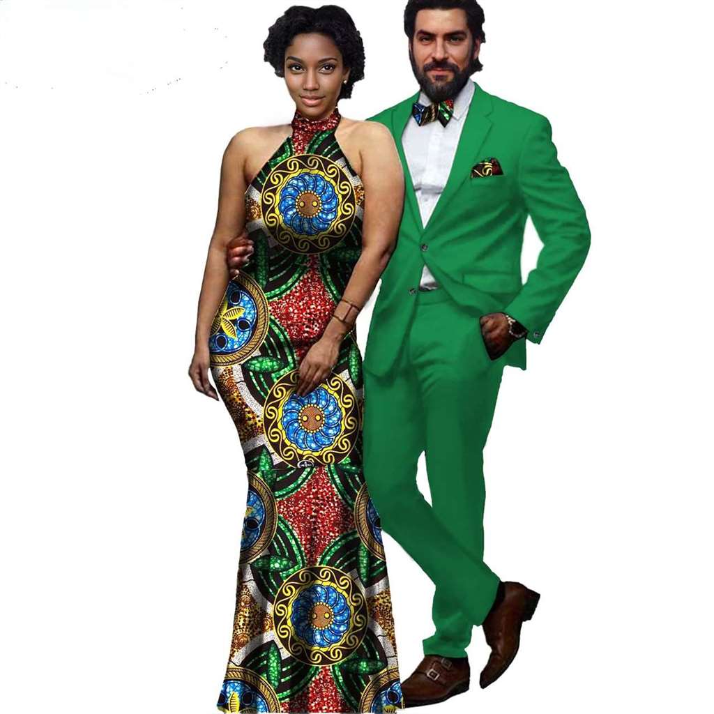 African Print Long Dresses Match Men Jackets and Pants Sets CC079-2