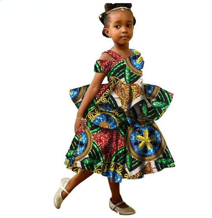 Girls African Clothes Ankara Print Double Layer Ruffles Dresses