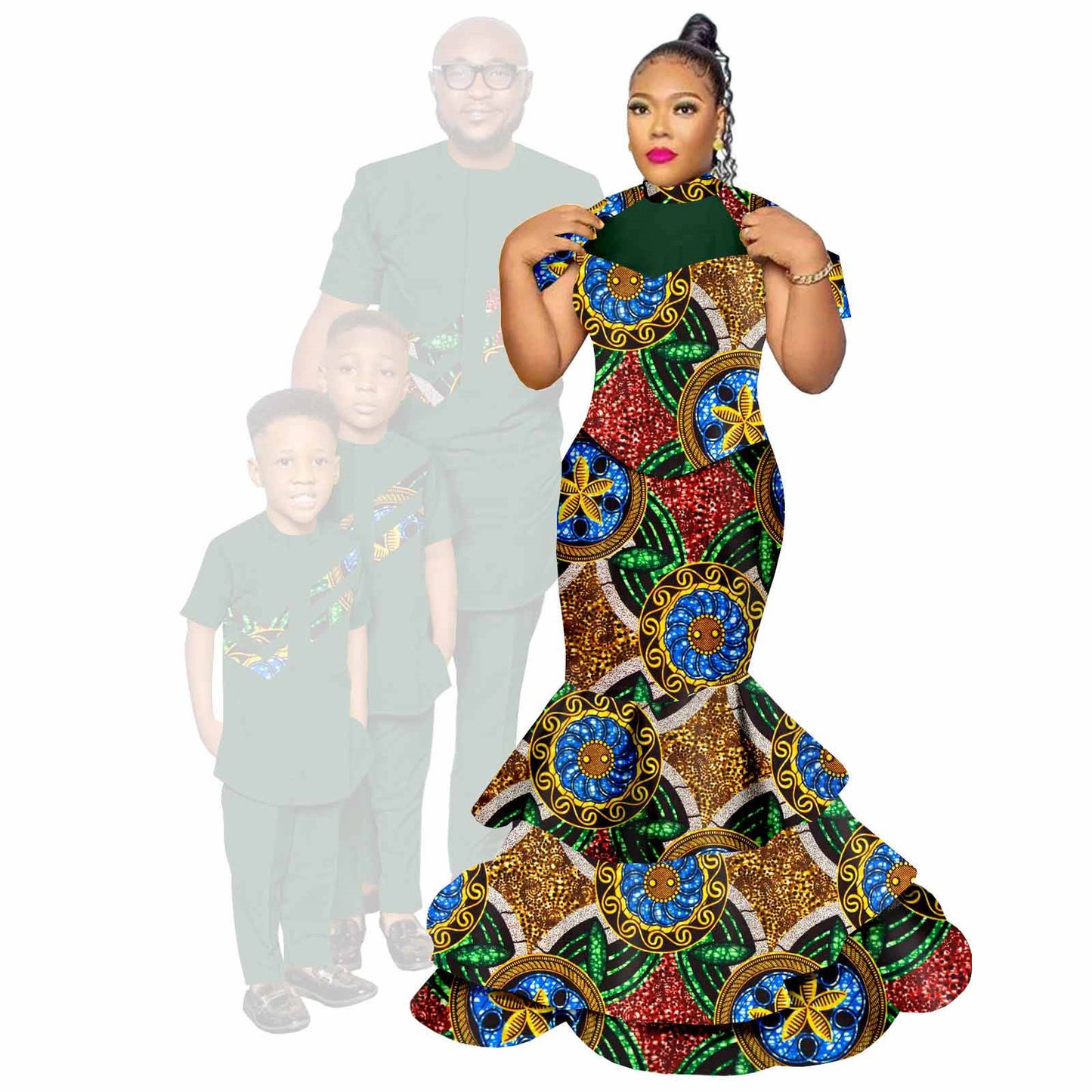 African Family Clothes Women Mermaid Dresses Men and Kids Sets FM002-1